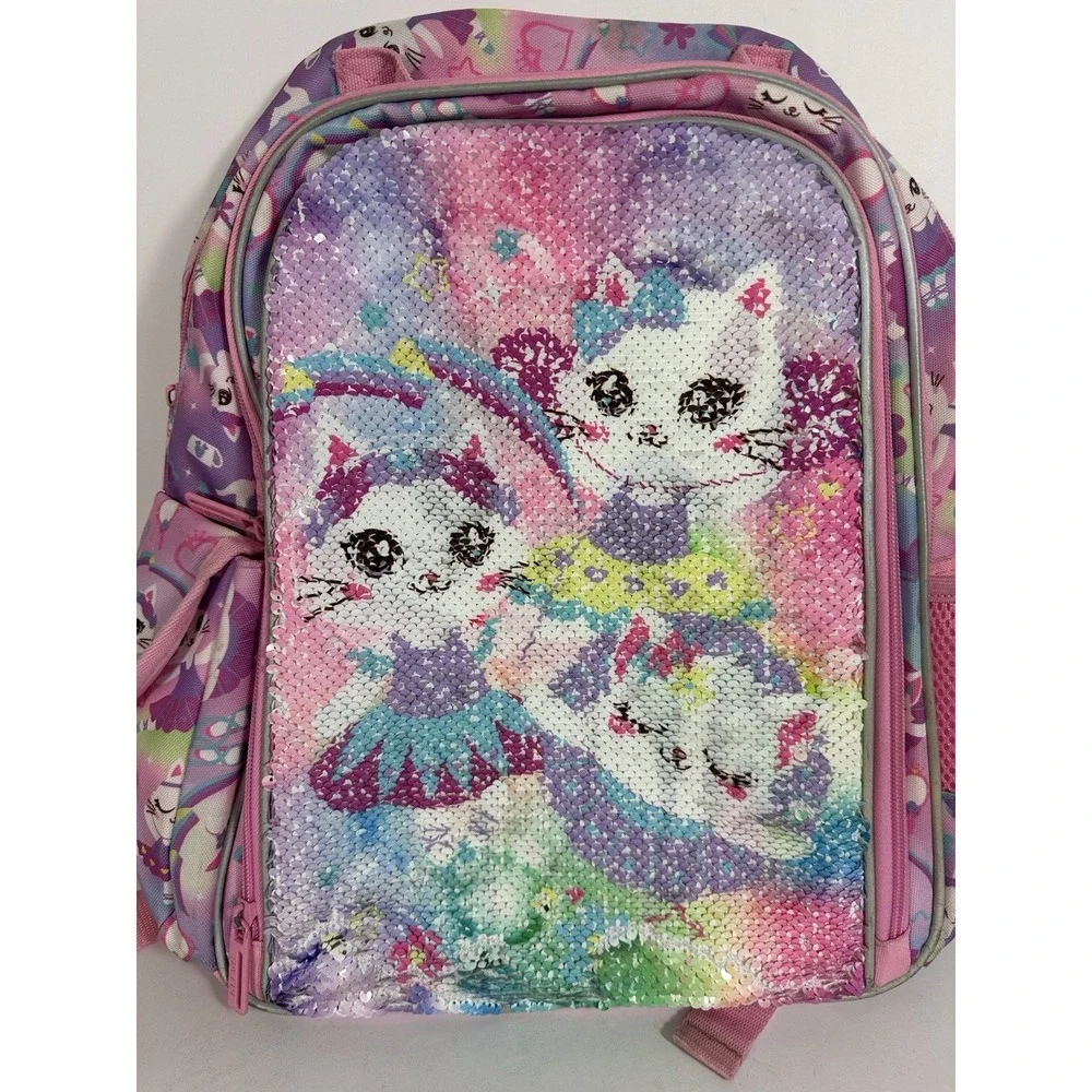 KLFVB Pink Flip Sequins White Kitten Kitty Cat Backpack 16